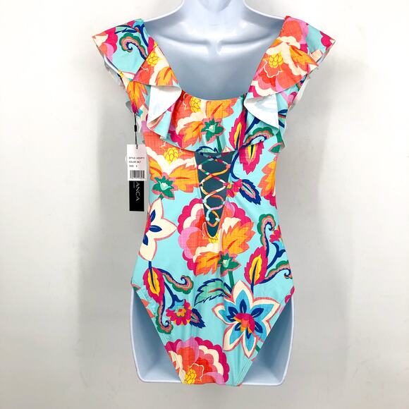 LA BLANCA Breezy Beauty One-Piece Swimsuit 8 Blue Ruffle Off the Shoulder NWT - Picture 5 of 11